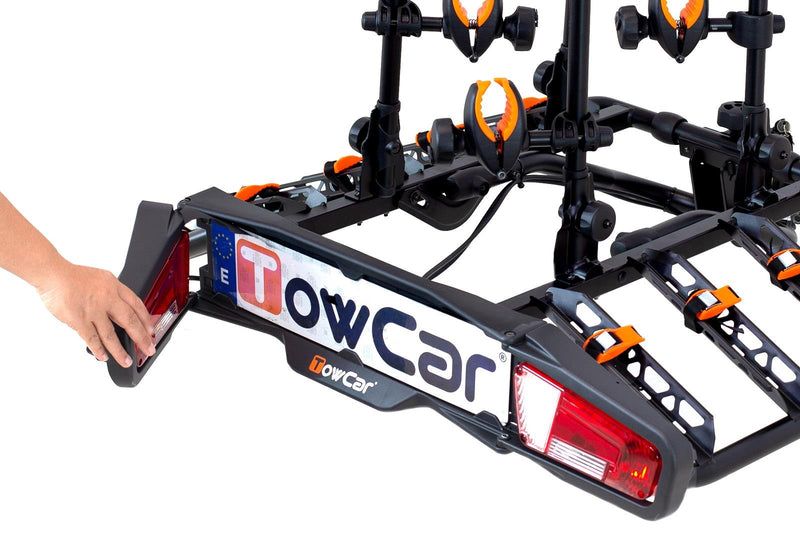 TowCar T4 black tow bar mounted bike rack (wheel support) - 4 bikes